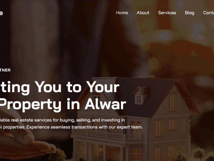 Kira Real Estate website homepage with navigation and property headline for Alwar
