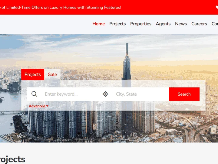 Opal Infra Realty website homepage with city skyline hero and property search form