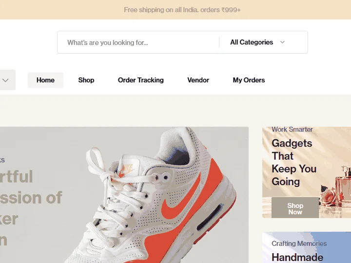 Pickkro ecommerce website homepage with search bar, category menu and product banners
