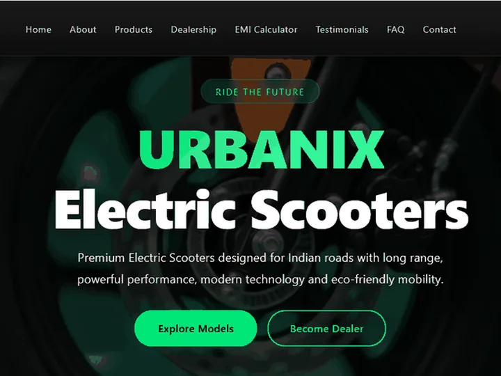 Urbanix electric scooters website homepage with navigation and Explore Models button