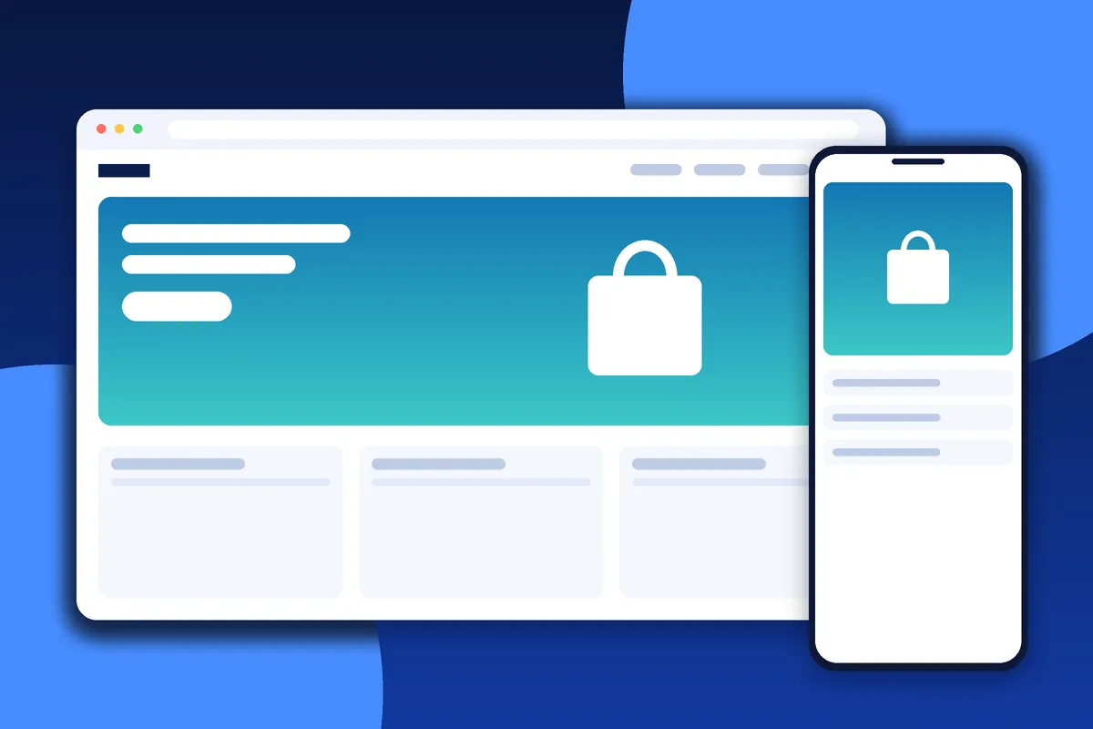 Shopify storefront design with product collection and shopping bag on desktop and mobile