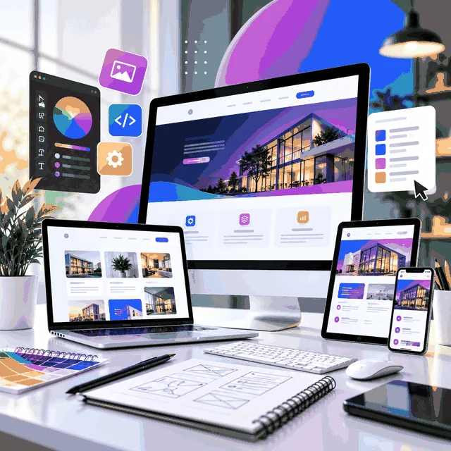 Web design agency workspace with a desktop monitor, laptop, tablet and phone showing a responsive website design, plus wireframe sketches and a colour palette