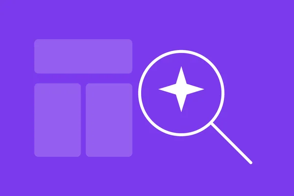 Magnifying glass with a spark symbol beside a page layout, representing AI search