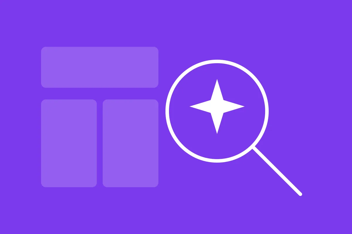 Magnifying glass with a spark symbol beside a page layout, representing AI search