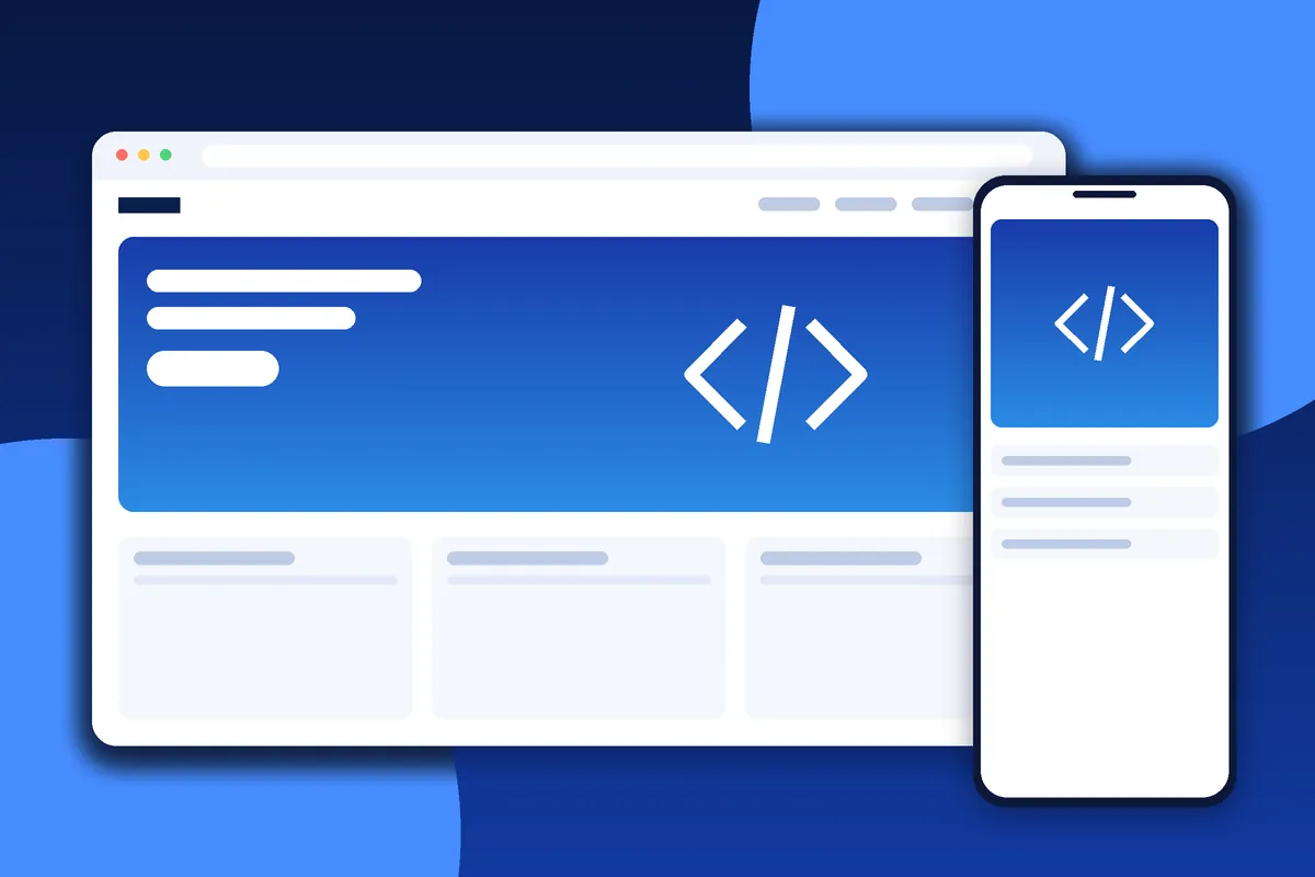 Website development code and responsive interface shown on laptop and phone