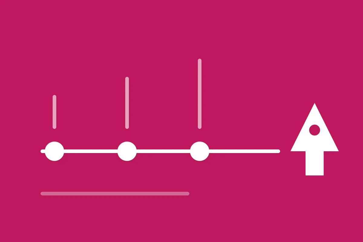 Project timeline with three milestones and a launch arrow